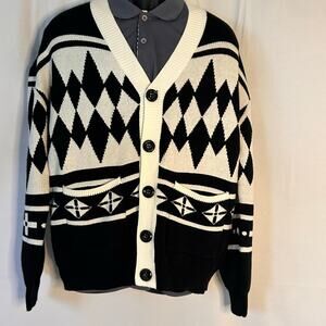 Steady Hands Black Cream Geometric Knit Cardigan Sweater Grandpa Core Indie S/M